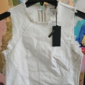 Elegant White Frayed Edge Sleeveless Blouse